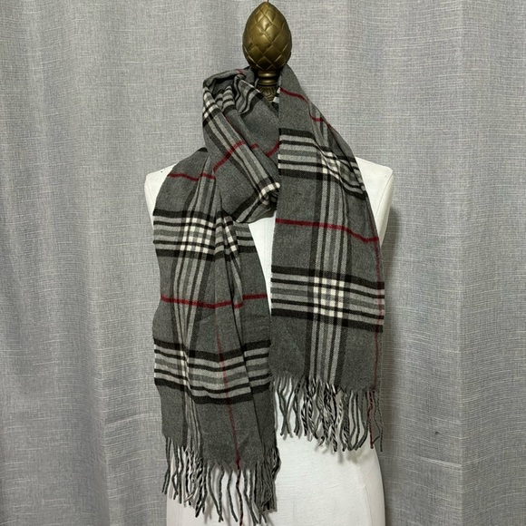 Fraas brand Gray/Black/Red Plaid Scarf-64x11-EUC - Picture 1 of 9